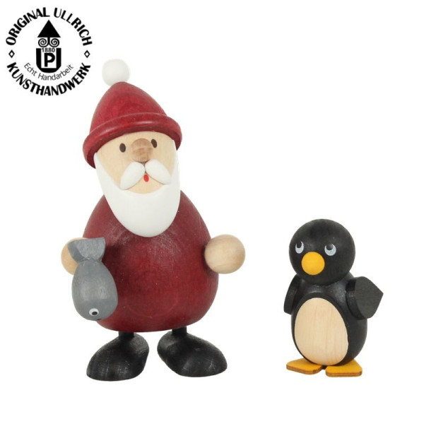 Weihnachtsmann mit Fisch H 9,5 cm und Pinguin H 4,5 cm , ULLRICH® Kunsthandwerk