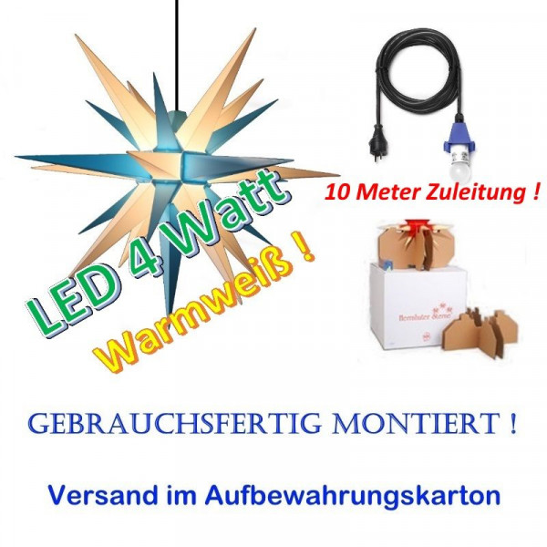 Herrnhuter Adventsstern Außenstern 68 cm Blau-Weiß mit LED + 10m Zuleitung gebrauchsfertig montiert im Aufbewahrungskart.