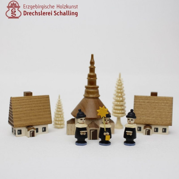 3 Kurrendefiguren mit Dorf Seiffen natur, 70 mm hoch Drechslerei Thomas Schalling Seiffen - Made in Germany -