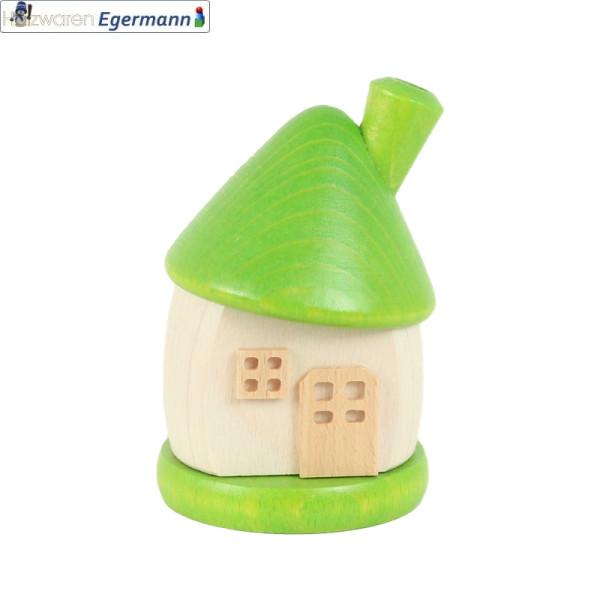 Räucherhaus klein rund, weiß mit Dach grün, ca. 9 cm hoch Holzwaren Egermann - Made in Germany -