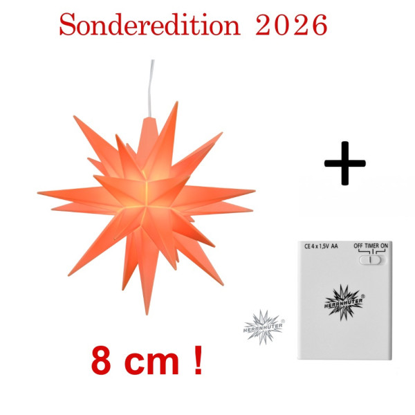 Herrnhuter Adventsstern 1 Stück Miniaturstern 8cm Sonderedition 2026 Apricot mit Batteriehalter