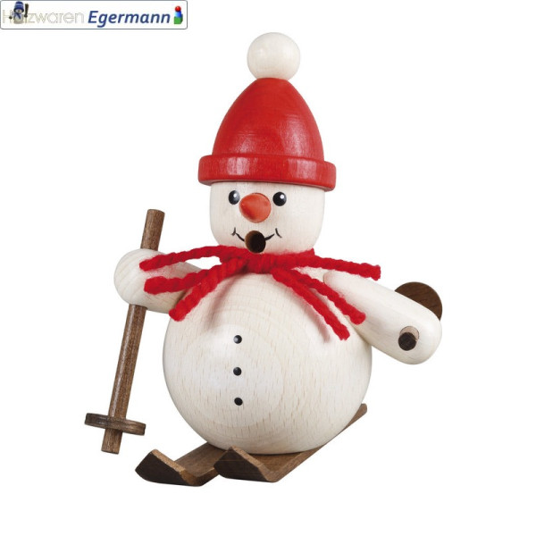 Räuchermann Schneemann auf Ski, blaue Mütze, 11cm Holzwaren Egermann - Made in Germany -