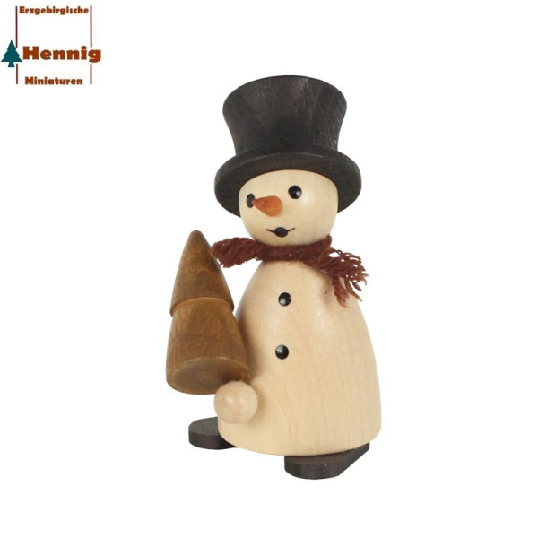 Schneemann mit Baum, natur, 8 cm -Hennig Figuren Deutschneudorf- Erzgebirgische Handarbeit