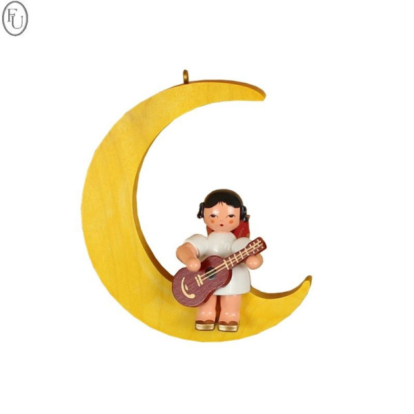 Engel sitzend mit Gitarre, rote Flügel im gelben Mond -Figurenland Uhlig- Seiffen