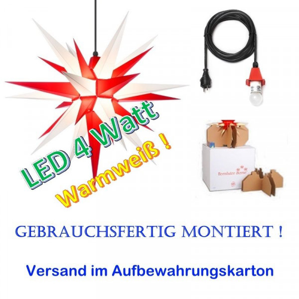 Herrnhuter Adventsstern Außenstern 68 cm Weiß-Rot mit LED u. 5m Zuleitung gebrauchsfertig montiert im Aufbewahrungskarton