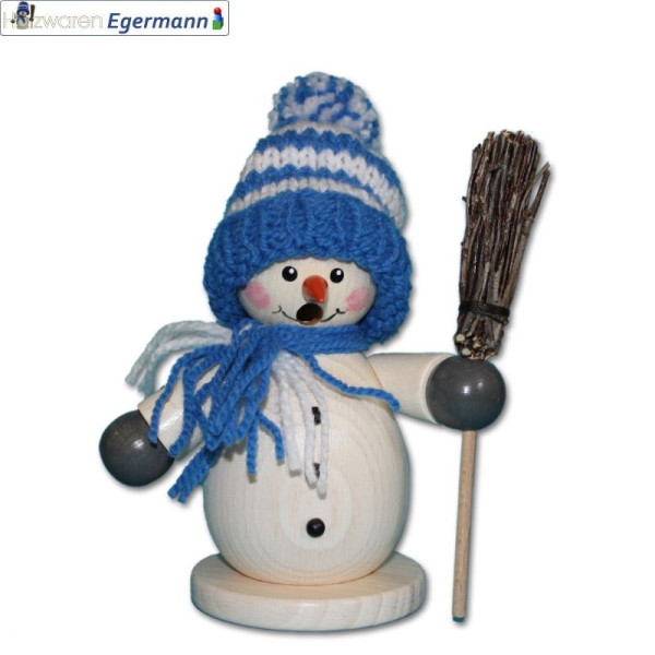 Räuchermann Schneemann mit Besen, blaue Mütze, ca. 15cm Holzwaren Egermann Grünhain-Beierfeld - Made in Germany -