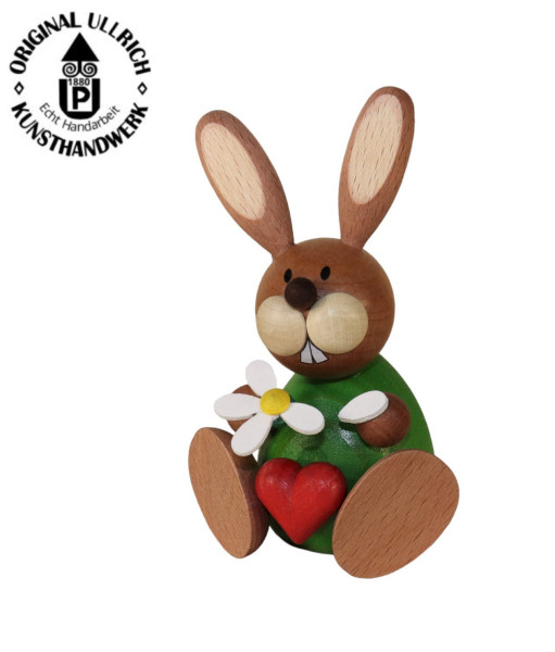 Osterhase sitzend mit Blume und Herz, 11cm , ULLRICH® Kunsthandwerk