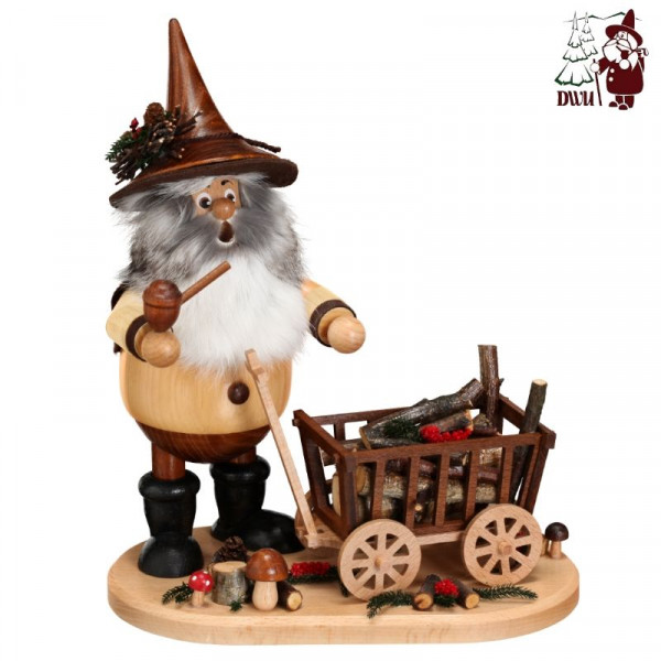 Erzgebirgische Räucherfigur "Waldwichtel mit Wagen" 26 cm