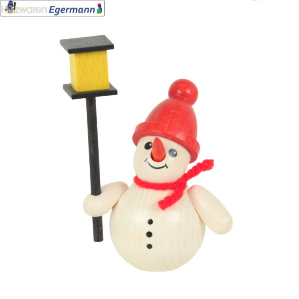 Schneemann mit Laterne, rote Mütze, ca. 7,5 cm Holzwaren Egermann - Made in Germany -