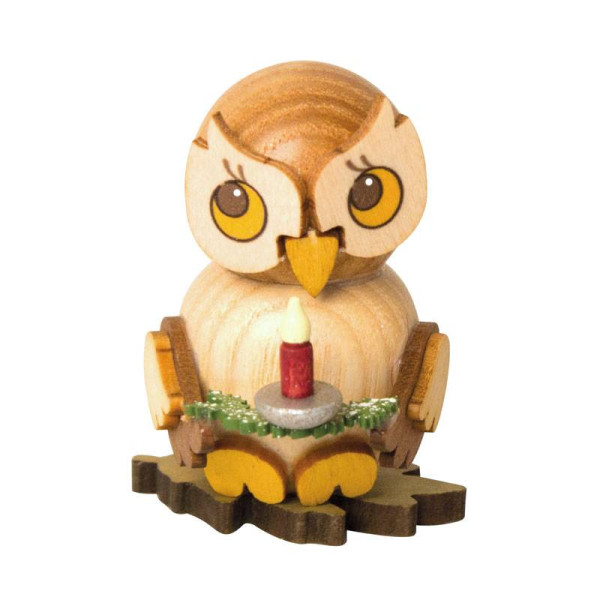 Kuhnert Holzfigur Eulenkind mit Kerze auf Zweig zum Stellen Kuhnert Artikel 37422, Höhe ca. 4 cm