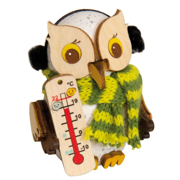 Kuhnert Holzfigur Minieule Schnee-Eule mit Thermometer Kuhnert Artikel 37347, Höhe ca. 7 cm