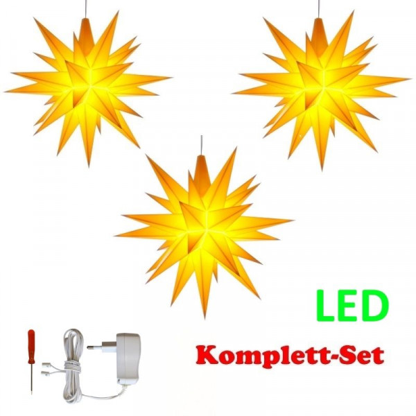 Herrnhuter Adventsstern Komplettset 3 Stück A1E mit Netzteil Farben gelb, gelb, gelb mit Netzgerät 500 mA