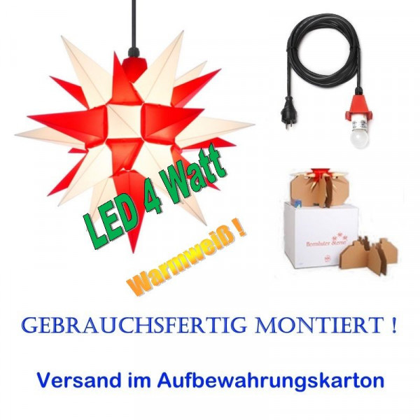 Herrnhuter Adventsstern Außenstern 40 cm Weiß-Rot mit LED+ 5m Zuleitung gebrauchsfertig montiert im Aufbewahrungskarton