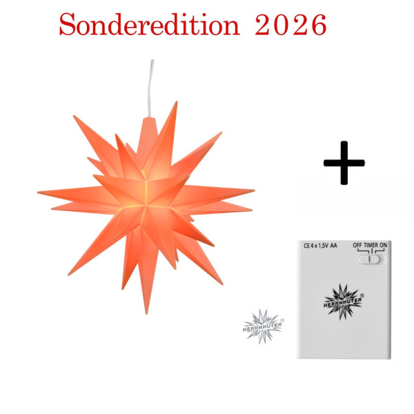 Herrnhuter Adventsstern Komplettset 1 Stück Miniaturstern Sonderedition 2026 Apricot mit Batteriehalter