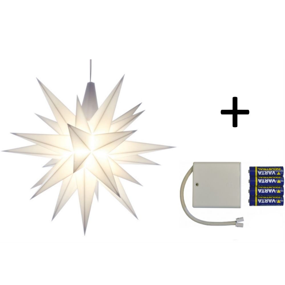 Herrnhuter Adventsstern Komplettset 1 Stück A1E Farbe weiß mit Batteriehalter | 1 Herrnhuter® Stern mit Netzteil/Batteriehalter | Herrnhuter Sternesets (Ministerne) | Herrnhuter Sterne