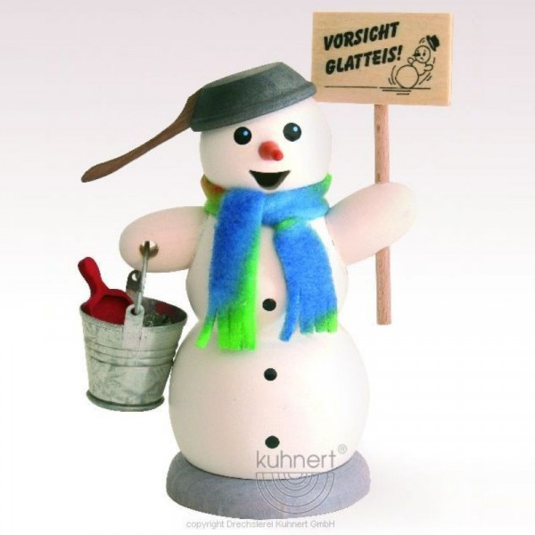 Räucherfigur Schneemann mit Schild "Vorsicht Glatteis"