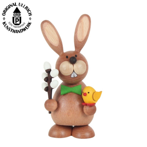 Osterhase stehend mit Weidenkätzchen und Küken, 12cm , ULLRICH® Kunsthandwerk