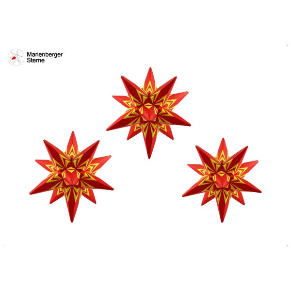 Marienberger Sterne (Papiersterne)3er Set Ornament1 auf gelb ,3 Sterne 16 cm ohne Beleuchung