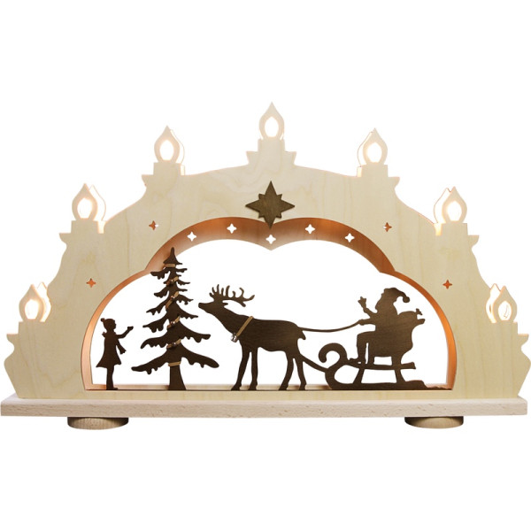 Schwibbogen 7 flammig Weihnachtsmann auf Schlitten Rustikal Qualität aus dem Erzgebirge