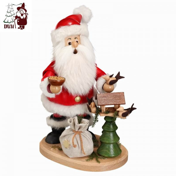 Erzgebirgische Räucherfigur Weihnachtsmann m. Vogelhaus