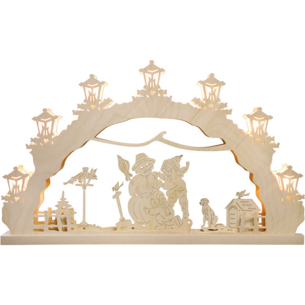 Schwibbogen 7 flammig Kinder bauen Schneemann Qualität aus dem Erzgebirge - Made in Germany