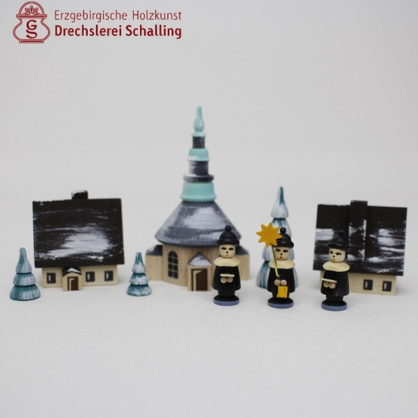 3 Kurrendefiguren mit Winterdorf Seiffen, 70 mm hoch Drechslerei Thomas Schalling Seiffen - Made in Germany -