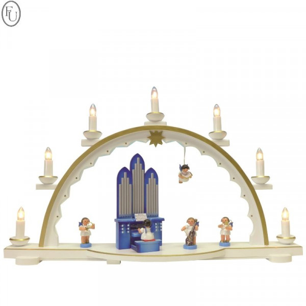 Schwibbogen weiß mit Orgel und 4 Engeln, blaue Flügel