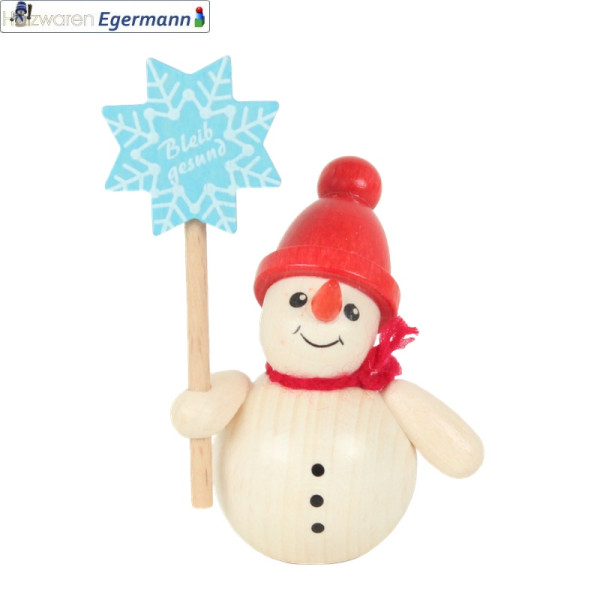 Schneemann mit Stern, rote Mütze, ca. 7,5 cm Holzwaren Egermann - Made in Germany -