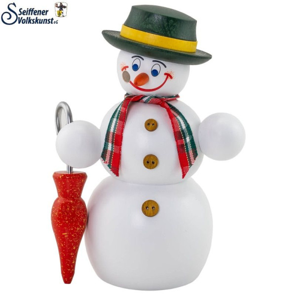 Räucherfigur Schneemann mit Schirm, 15 cm Seiffener Volkskunst e.G. - Original Erzgebirge