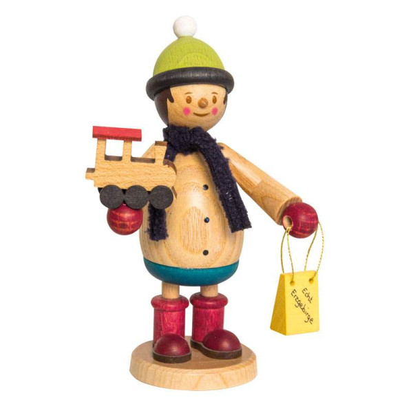 Sammelfigur Holzfigur Mäxchen mit Eisenbahn & Einkaufstasche Kuhnert Artikel 63005, Höhe ca. 12cm