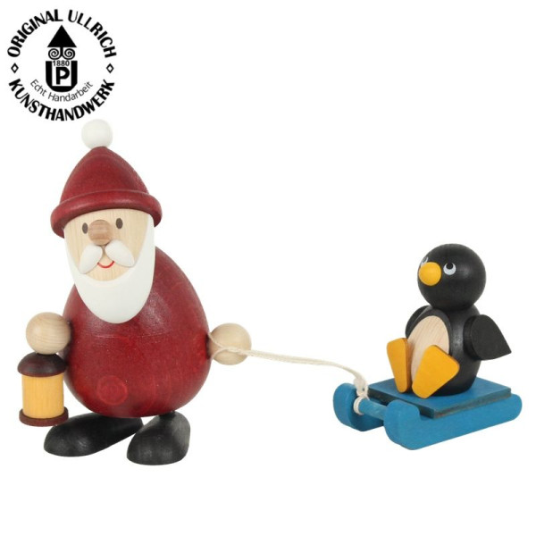 Weihnachtsmann mit Schlitten und Pinguin 9,5 cm , ULLRICH® Kunsthandwerk