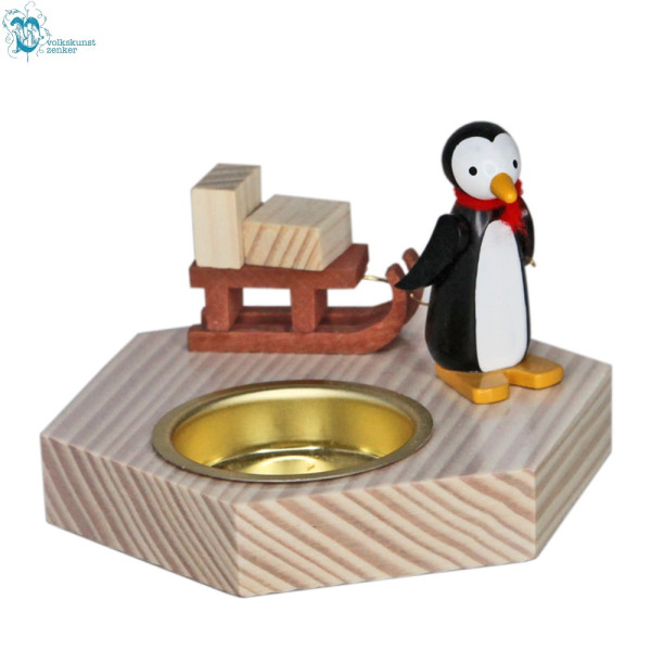 Teelichthalter Pinguin mit Schlitten Zenker Holzkunst Seiffen