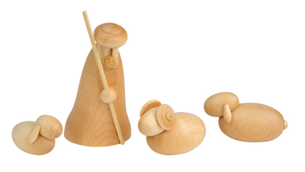 Krippenfiguren Hirte kniend mit Schafen,natur, 4-teilig, 12 cm, Schalling Holzkunst Seiffen / Erzgebirge