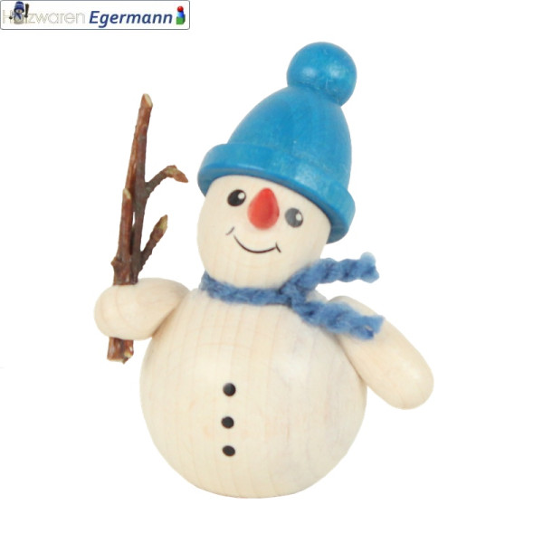 Schneemann mit Reisig, blaue Mütze, ca. 6 cm Holzwaren Egermann - Made in Germany -