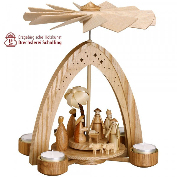 Teelichtpyramide natur, Christi Geburt natur Drechslerei Thomas Schalling Seiffen - Made in Germany -