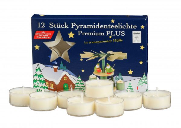 12 Pyramiden- Teelichte Premium Plus in transparenter Hülle