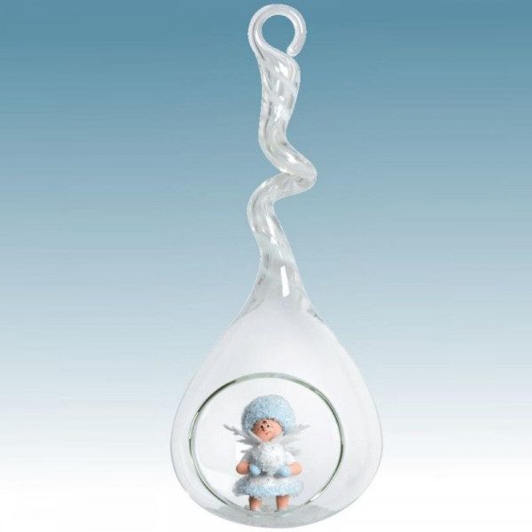 Schneeflöckchen mit Schneeball im Glastropfen weiß Baumschmuck, Artikel 43449, Länge ca. 20 cm