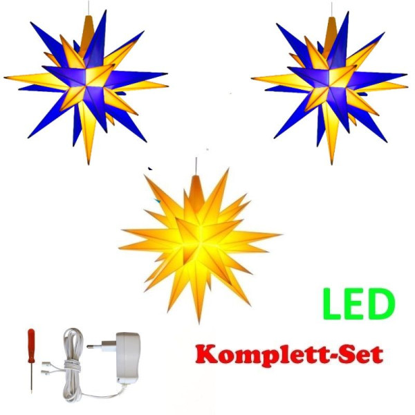 Herrnhuter Adventsstern Komplettset 3 Stück A1E mit Netzteil Farben blau-gelb, gelb, blau-gelb