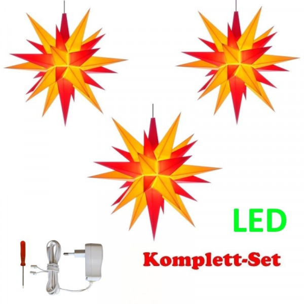 Herrnhuter Adventsstern Komplettset 3 Stück A1E mit Netzteil Farben gelb-rot, gelb-rot, gelb-rot mit Netzger. 500 mA