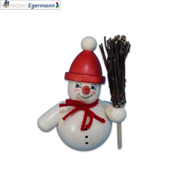 Schneemann mit Besen, rote Mütze, ca. 11cm Holzwaren Egermann Grünhain-Beierfeld - Made in Germany -