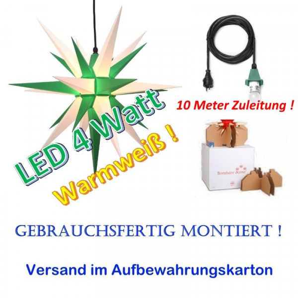 Herrnhuter Adventsstern Außenstern 68 cm Grün-Weiß mit LED + 10m Zuleitung gebrauchsfertig montiert im Aufbewahrungskart.