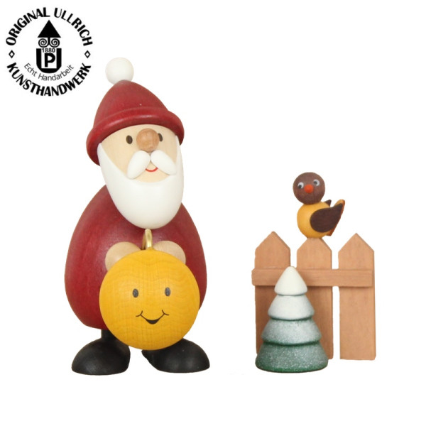 Weihnachtsmann mit Lampion und Zaun mit Vogel, 4,5cm & 6cm , ULLRICH® Kunsthandwerk
