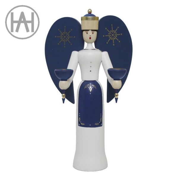 Traditionsfigur Lichterengel farbig matt Blau, blaue Tülle, 29 cm, Andreas Hegewald Seiffen