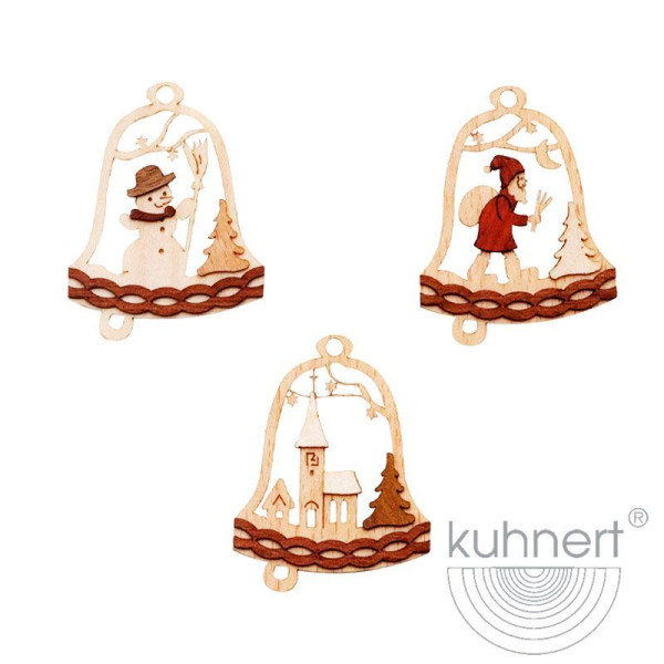 Baumschmuck Glocken mit Motiv, 6 Stück Baumbehang, Sperrholz und Echtholzfurnier, Artikel 19074