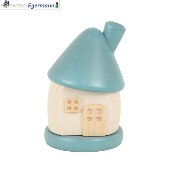 Räucherhaus klein rund, weiß mit Dach blau, ca. 9 cm hoch Holzwaren Egermann - Made in Germany -