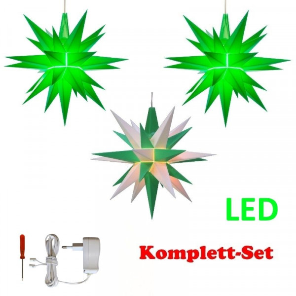 Herrnhuter Adventsstern Komplettset 3 Stück A1E mit Netzteil Farben grün, weiß-grün, grün mit Netzgerät 500 mA