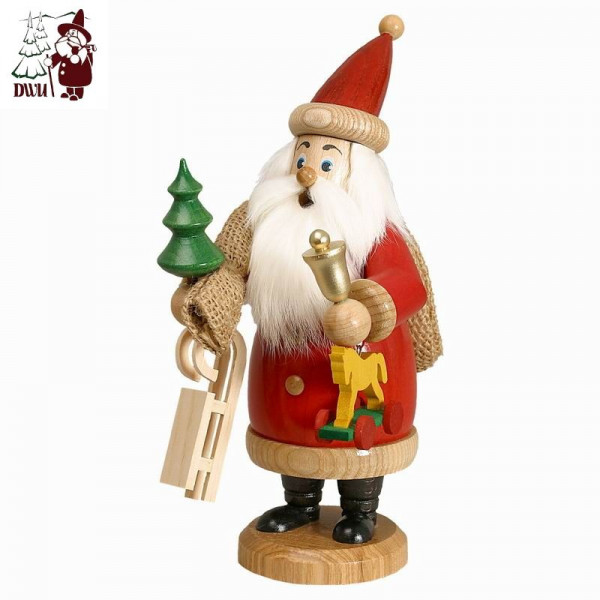 Erzgebirgische Räucherfigur Weihnachtsmann rot m. Geschenk