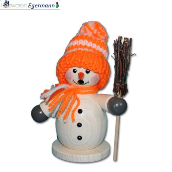 Räuchermann Schneemann mit Besen, orange Mütze, ca. 15cm Holzwaren Egermann Grünhain-Beierfeld - Made in Germany -